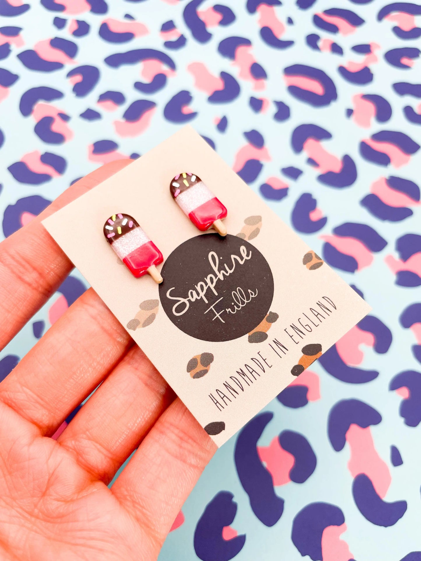 Small White Glitter and Dark Pink Stripe Ice Lolly Stud Earrings from Sapphire Frills