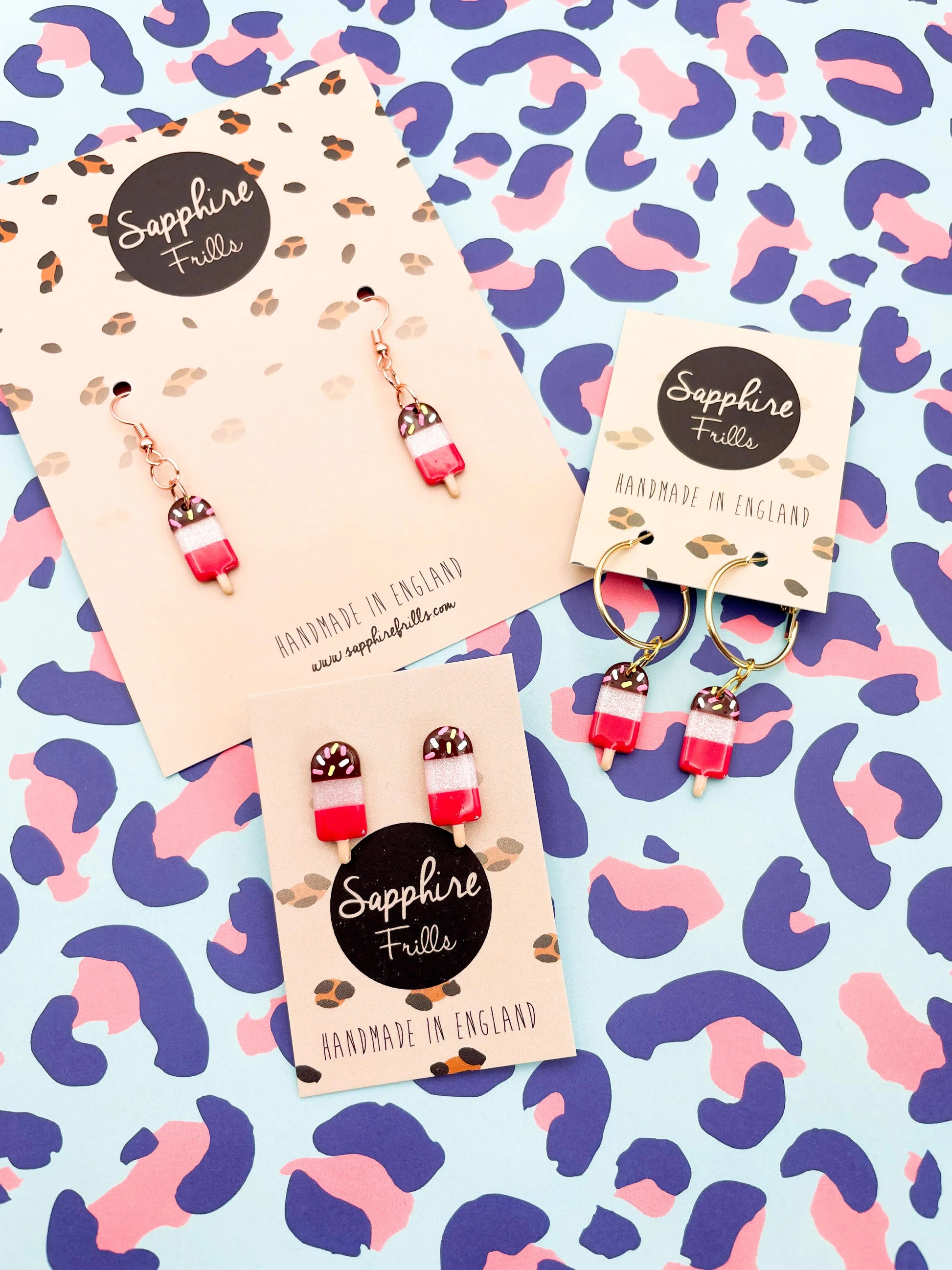 Small White Glitter and Dark Pink Stripe Ice Lolly Stud Earrings from Sapphire Frills