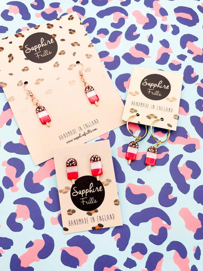 Small White Glitter and Dark Pink Stripe Ice Lolly Stud Earrings from Sapphire Frills