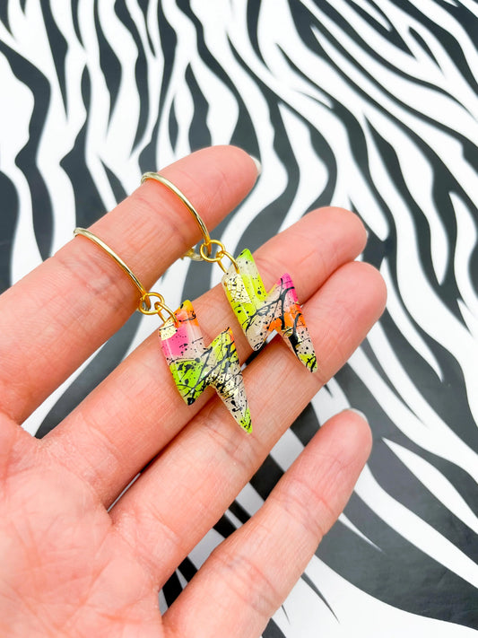 Translucent Neon and Gold Foil Black Splatter Small Lightning Bolt Dangles from Sapphire Frills