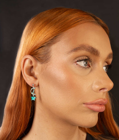 Medium Holographic Turquoise & Teal Chunky Crystal Acrylic Moon & Star Duo Dangle Earrings or Necklace – Hypoallergenic Stainless Steel