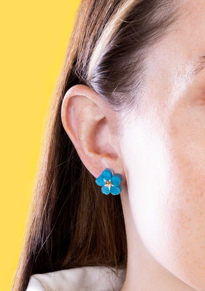 Small Sky Blue Glitter Marble Flower Stud Earrings – Forget Me Not – Hypoallergenic Stainless Steel