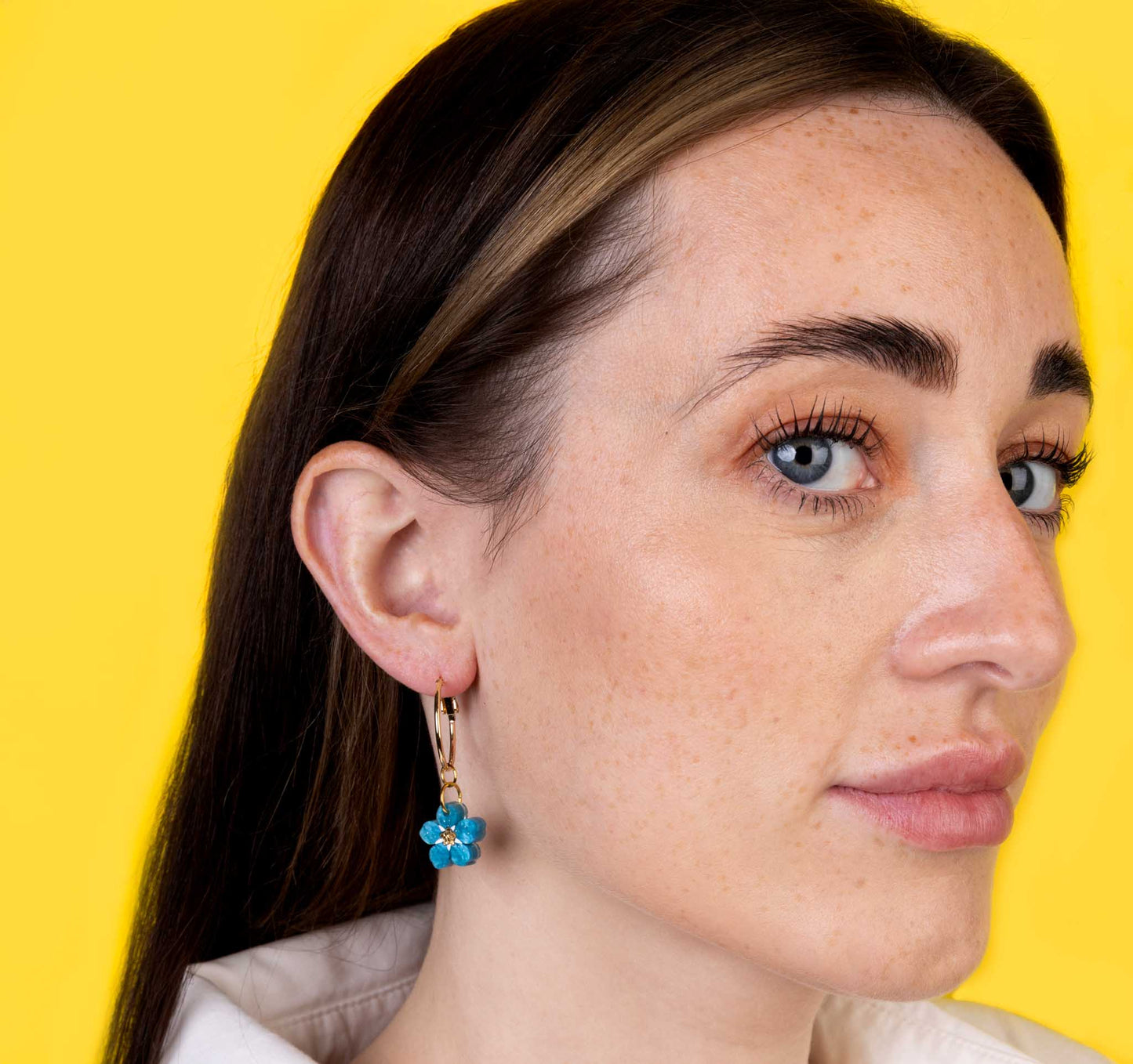 Small Sky Blue Glitter Marble ‘Forget Me Not’ Flower Dangle Earrings or Necklace – Hypoallergenic Stainless Steel