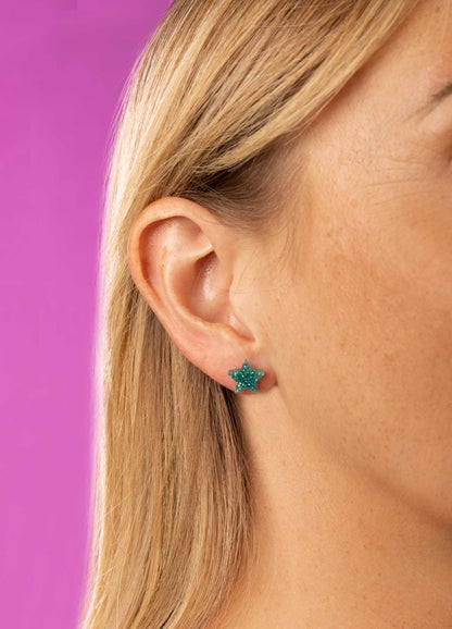 Mini Teal Holographic Glitter Acrylic Star Studs – Hypoallergenic Stainless Steel