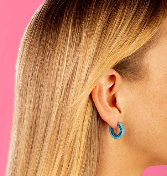 Baby Blue Marble and Blue Glitter Striped Acrylic Hoops – Hypoallergenic Stainless Steel
