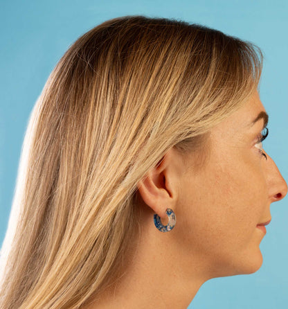 Medium Ocean Blue Ink Marble Acrylic Circle Hoops – Hypoallergenic Stainless Steel