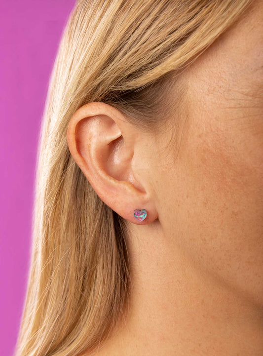 Micro Lilac and Mint Confetti Heart Acrylic Stud Earrings – Hypoallergenic Stainless Steel