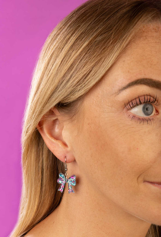 Medium Lilac and Mint Confetti Short Bow Dangle Earrings or Necklace – Hypoallergenic Stainless Steel