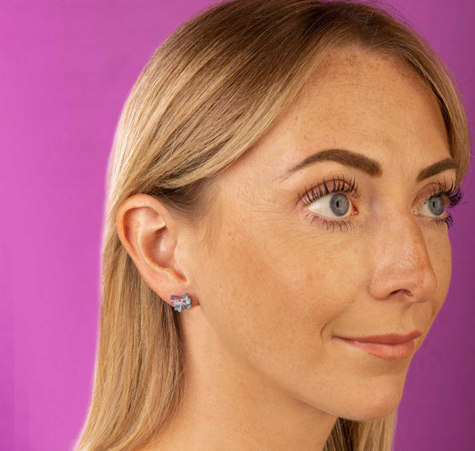 Mini Lilac and Mint Confetti Acrylic Bow Stud Earrings – Hypoallergenic Stainless Steel