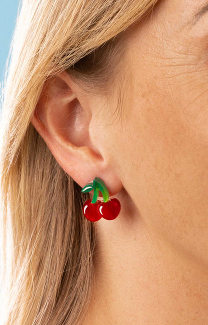 Medium Deep Red Marble Acrylic Cherry Stud Earrings – Hypoallergenic Stainless Steel