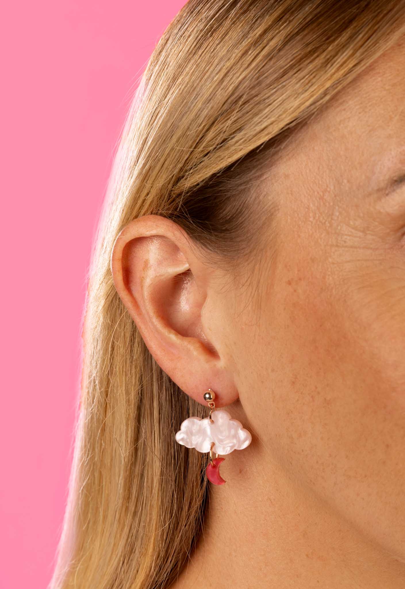 April Pink Moon and Cloud Dangle Earrings or Necklace – Hypoallergenic Stainless Steel
