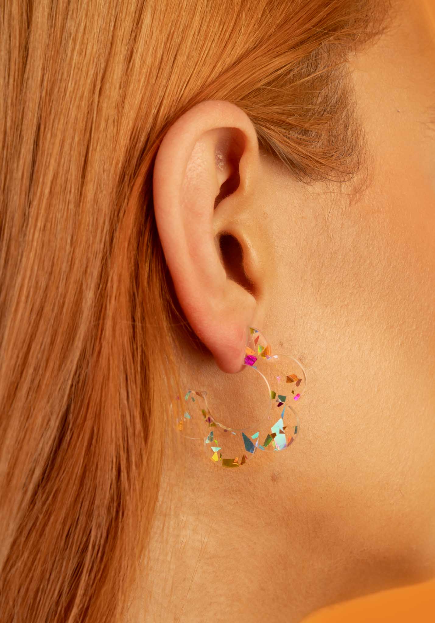 Large Holographic Rainbow Chunky Glitter Acrylic Flower Hoops – Hypoallergenic Stainless Steel