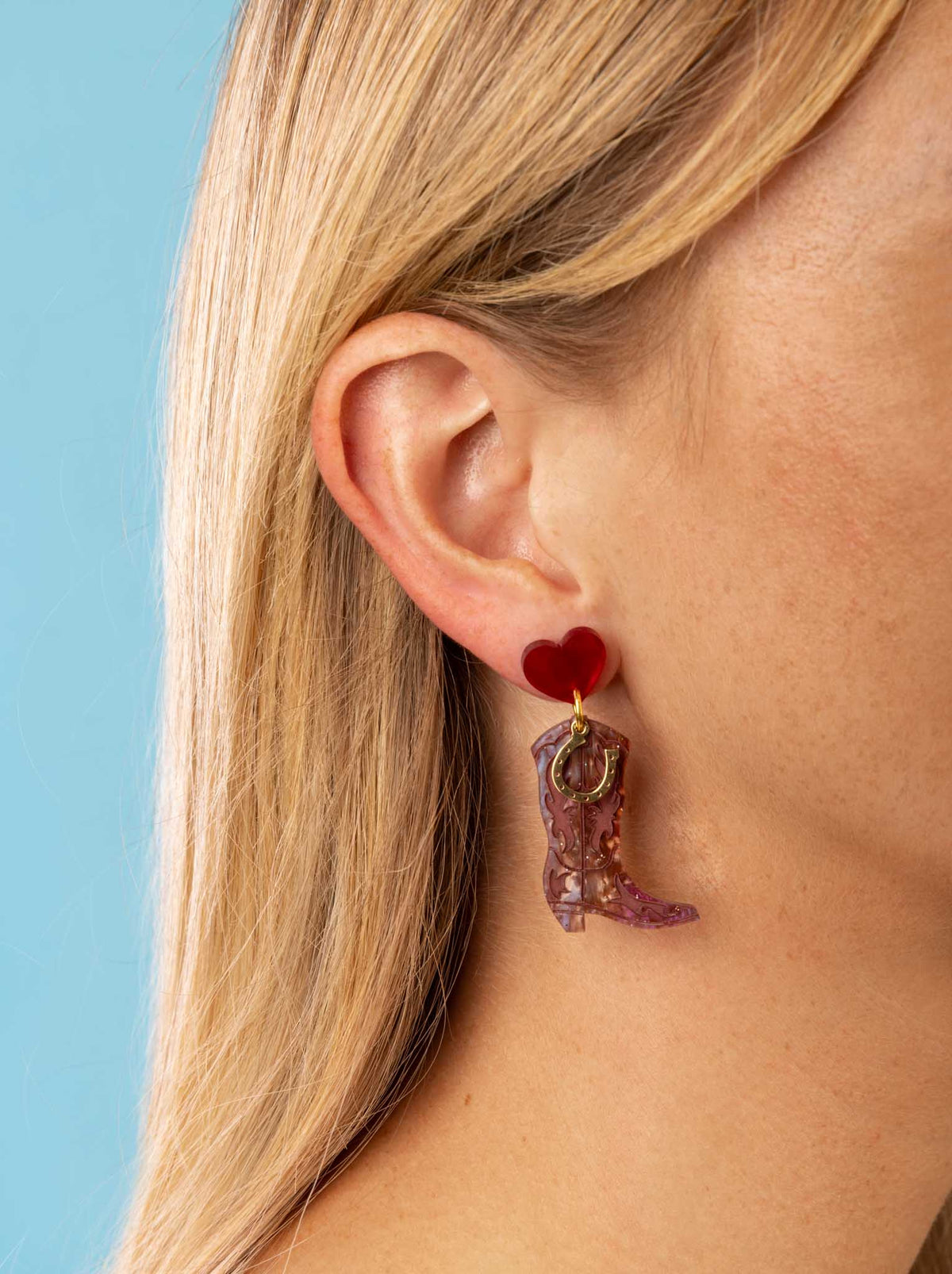 Deep Red and Brown Glitter Marble Heart and Cowboy Boots Dangle Earrings – Hypoallergenic Stainless Steel