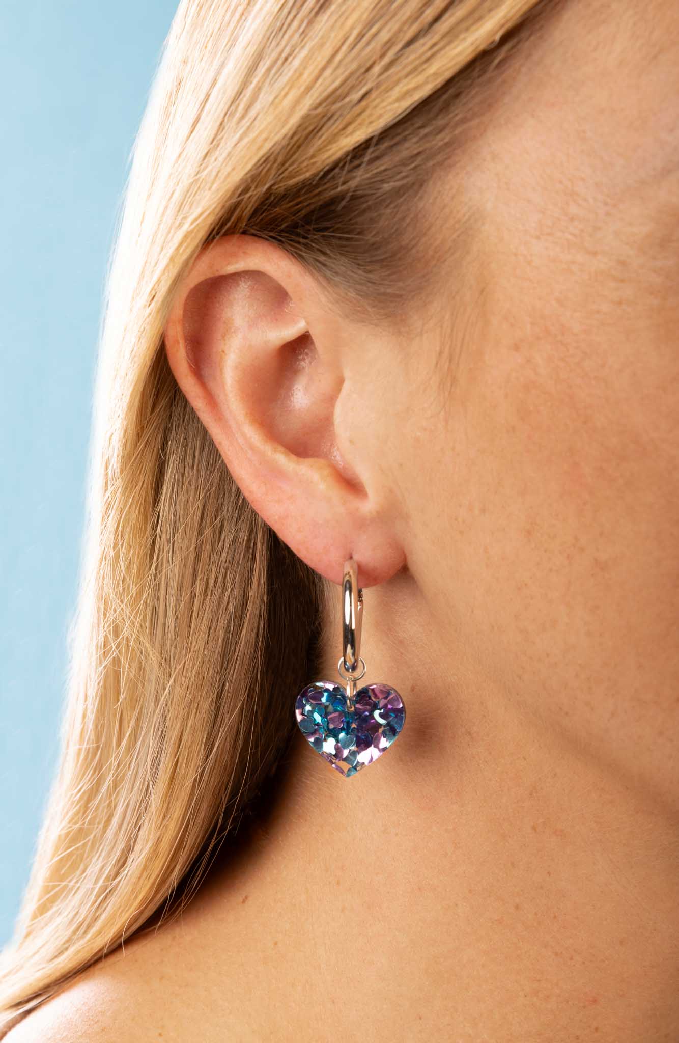 Medium Blue and Lilac Sequin Acrylic Heart Dangle Earrings or Necklace – Hypoallergenic Stainless Steel