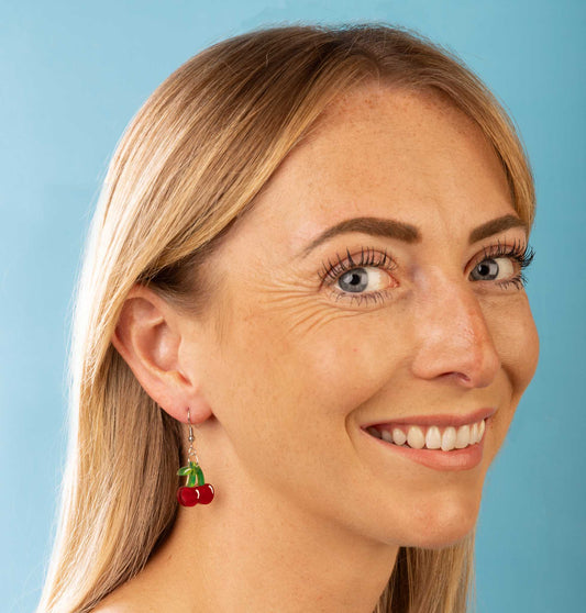 Medium Deep Red Marble Acrylic Cherry Dangle Earrings or Necklace – Hypoallergenic Stainless Steel