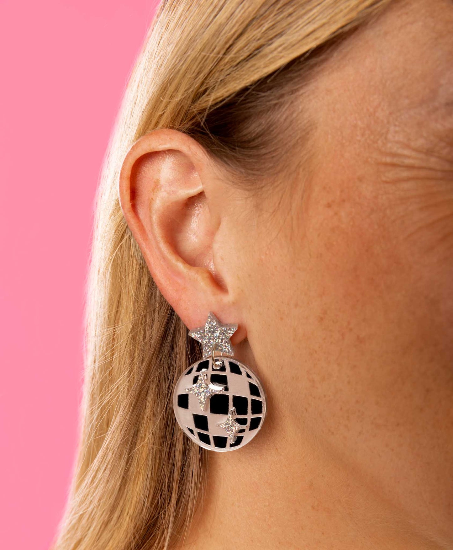 Large Silver Mirror Disco Ball and Holographic Silver Glitter Star Acrylic Dangle Earrings – Hypoallergenic Stainless Steel