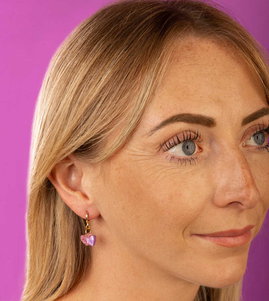 Mini Bubblegum Pink Glitter and Lilac Marble Double Heart Dangle Earrings or Necklace – Hypoallergenic Stainless Steel