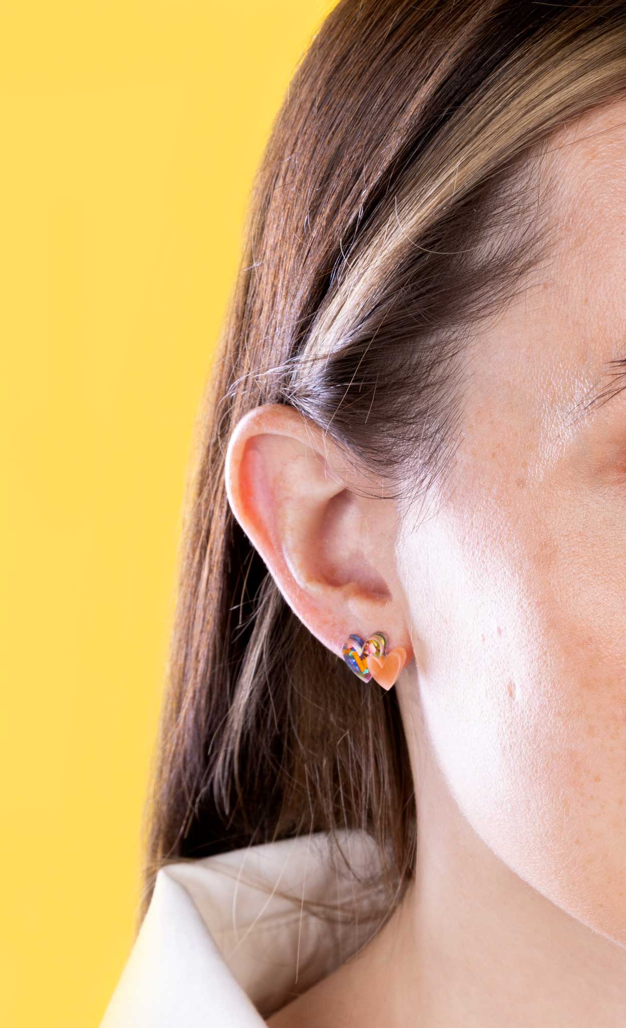 Mini Rainbow Confetti and Peach Marble Double Heart Acrylic Stud Earrings – Hypoallergenic Stainless Steel