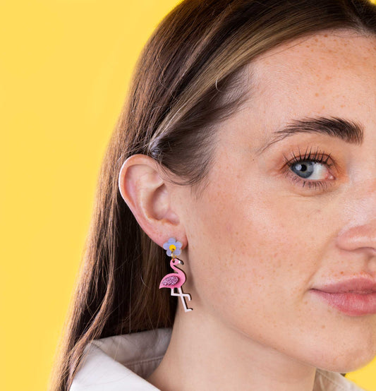 Pearl Shimmer and Hot Pink Glitter Acrylic Flamingo Flower Dangle Earrings – Hypoallergenic Stainless Steel