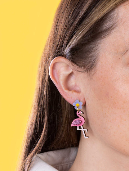 Pearl Shimmer and Hot Pink Glitter Acrylic Flamingo Flower Dangle Earrings – Hypoallergenic Stainless Steel