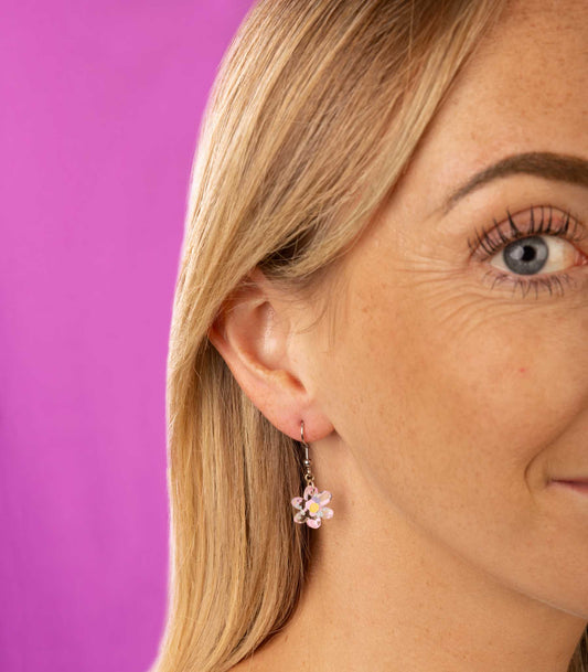 Small Asymmetric Pastel Hexagon Sequin Flower Dangle Earrings or Necklace – Hypoallergenic Stainless Steel