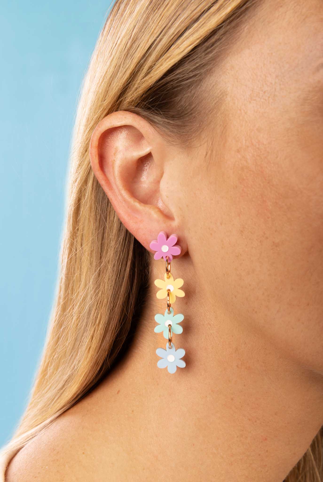 Pastel Rainbow Gloss Acrylic Daisy Flower Dangle Earrings – Hypoallergenic Stainless Steel