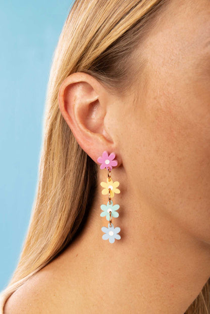 Pastel Rainbow Gloss Acrylic Daisy Flower Dangle Earrings – Hypoallergenic Stainless Steel