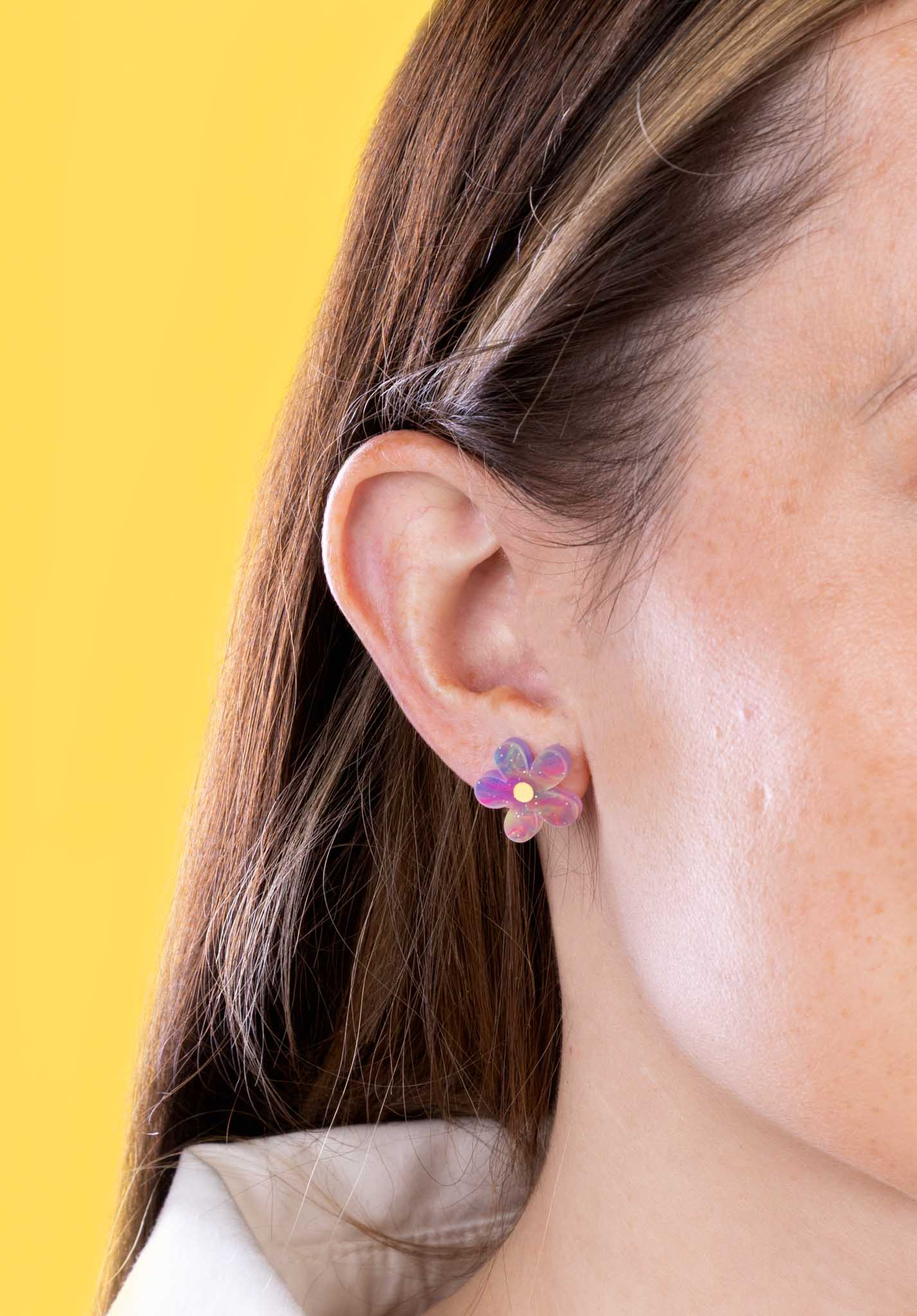Small Rainbow Glitter Marble Flower Stud Earrings – Hypoallergenic Stainless Steel