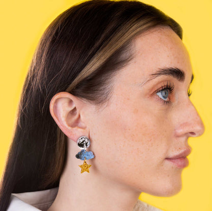 Night Sky Marble, Silver & Gold Glitter Acrylic Full Moon, Cloud and Star Dangle Earrings – Hypoallergenic Stainless Steel