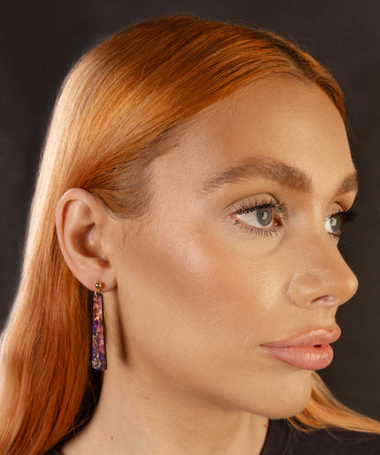 Large Purple, Blue, Turquoise and Copper Jungle Marble Ink Trapeze Dangle Earrings or Necklace – Hypoallergenic Stainless Steel