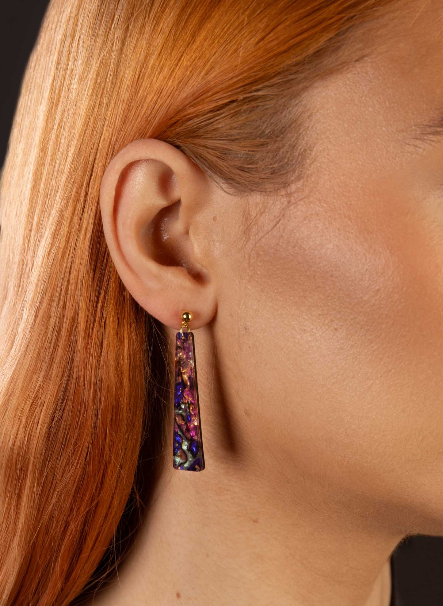 Large Purple, Blue, Turquoise and Copper Jungle Marble Ink Trapeze Dangle Earrings or Necklace – Hypoallergenic Stainless Steel