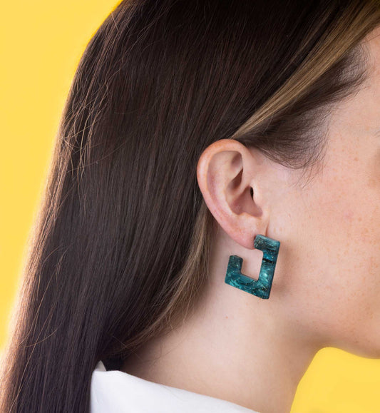 Large Dark Emerald Green and Black Galaxy Glitter Marble Acrylic Square Hoops – Hypoallergenic Stainless Steel