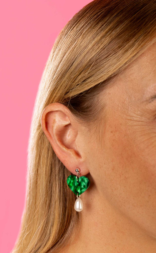 Emerald Marble Heart and Pearl Teardrop Acrylic Dangle Earrings or Necklace – Hypoallergenic Stainless Steel
