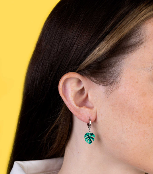 Mini Green Leopard Print Acrylic Mirror Monstera Leaf Dangle Earrings or Necklace – Hypoallergenic Stainless Steel