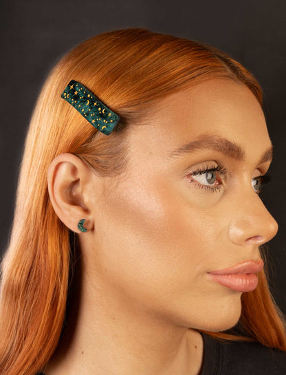 Galaxy Teal Starry Night Sky Rectangle Wave Hair Clip