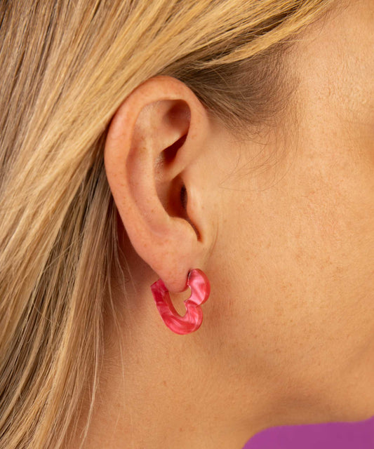 Medium Hot Pink Marble Acrylic Heart Hoops – Hypoallergenic Stainless Steel