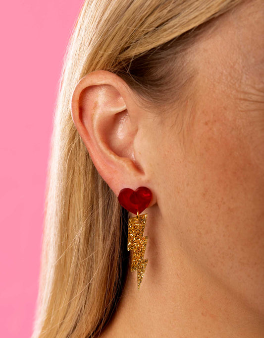 Lovestruck Red Marble Heart and Gold Glitter Lightning Bolt Acrylic Dangle Earrings – Hypoallergenic Stainless Steel