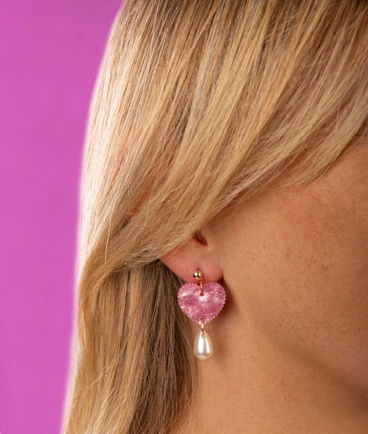 Medium Pink/Purple Potion Glitter Marble Scalloped Heart with Pearl Teardrop Dangle Earrings