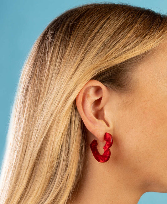 Large Deep Red Marble Acrylic Heart Hoops – Hypoallergenic Stainless Steel