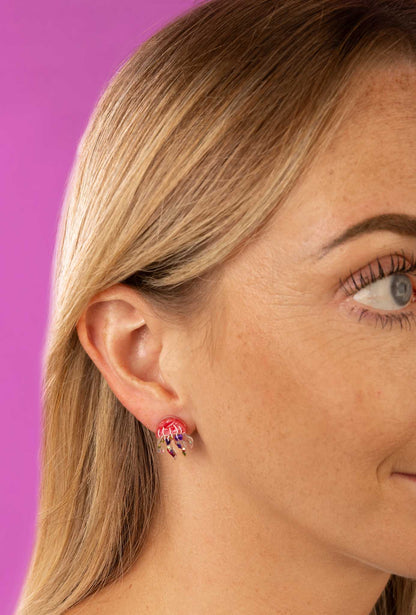 Small Hot Pink Marble and Confetti Acrylic Jellyfish Stud Earrings – Hypoallergenic Stainless Steel