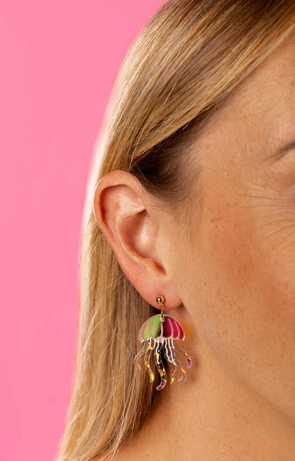 Iridescent Pink and Rainbow Confetti Jellyfish Acrylic Dangle Earrings or Necklace – Hypoallergenic Stainless Steel