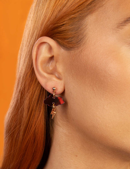 Iridescent Orange, Green and Copper Glitter Autumn Storm Small Cloud & Bolt Dangle Earrings or Necklace – Hypoallergenic Stainless Steel