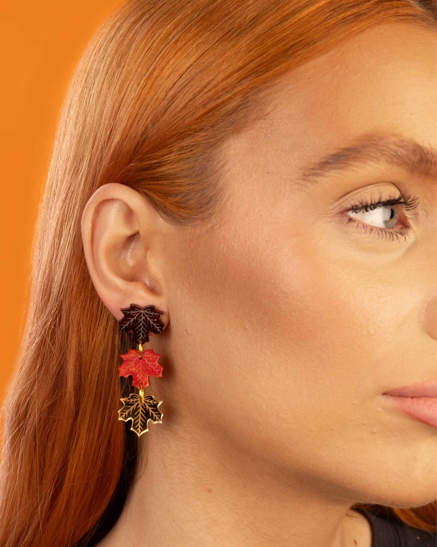 Maroon, Orange and Gold Acrylic Mirror Maple Leaf Dangle Earrings – Hypoallergenic Stainless Steel