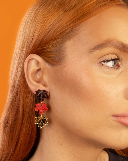 Maroon, Orange and Gold Acrylic Mirror Maple Leaf Dangle Earrings – Hypoallergenic Stainless Steel