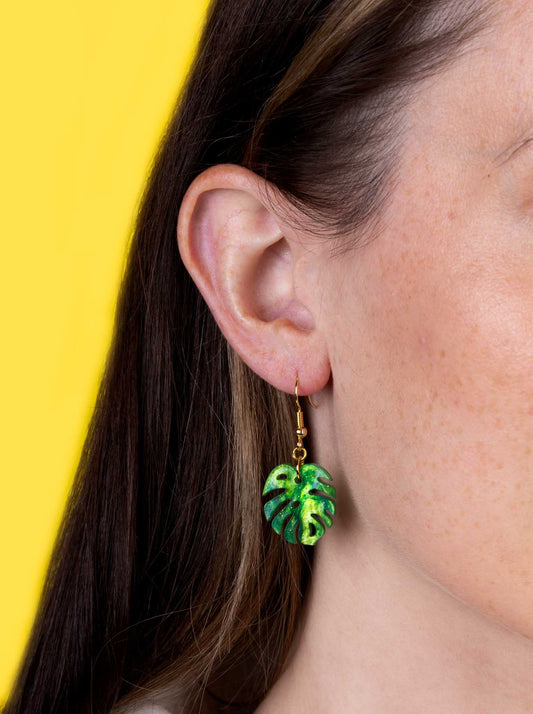Medium Green Glitter Marble Acrylic Monstera Leaf Dangle Earrings or Necklace – Hypoallergenic Stainless Steel
