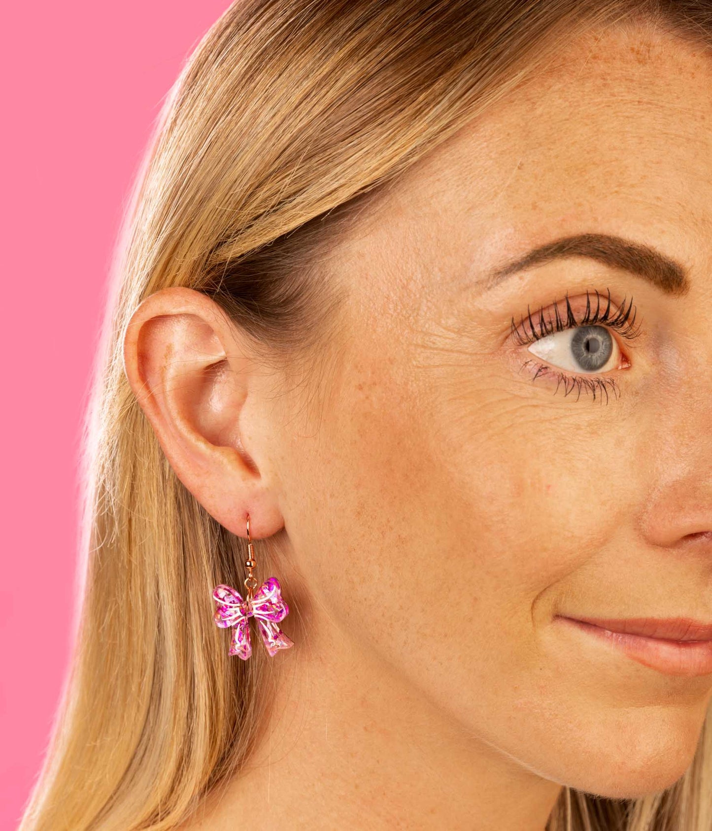 Medium Pink Holographic Confetti Short Bow Dangle Earrings or Necklace – Hypoallergenic Stainless Steel