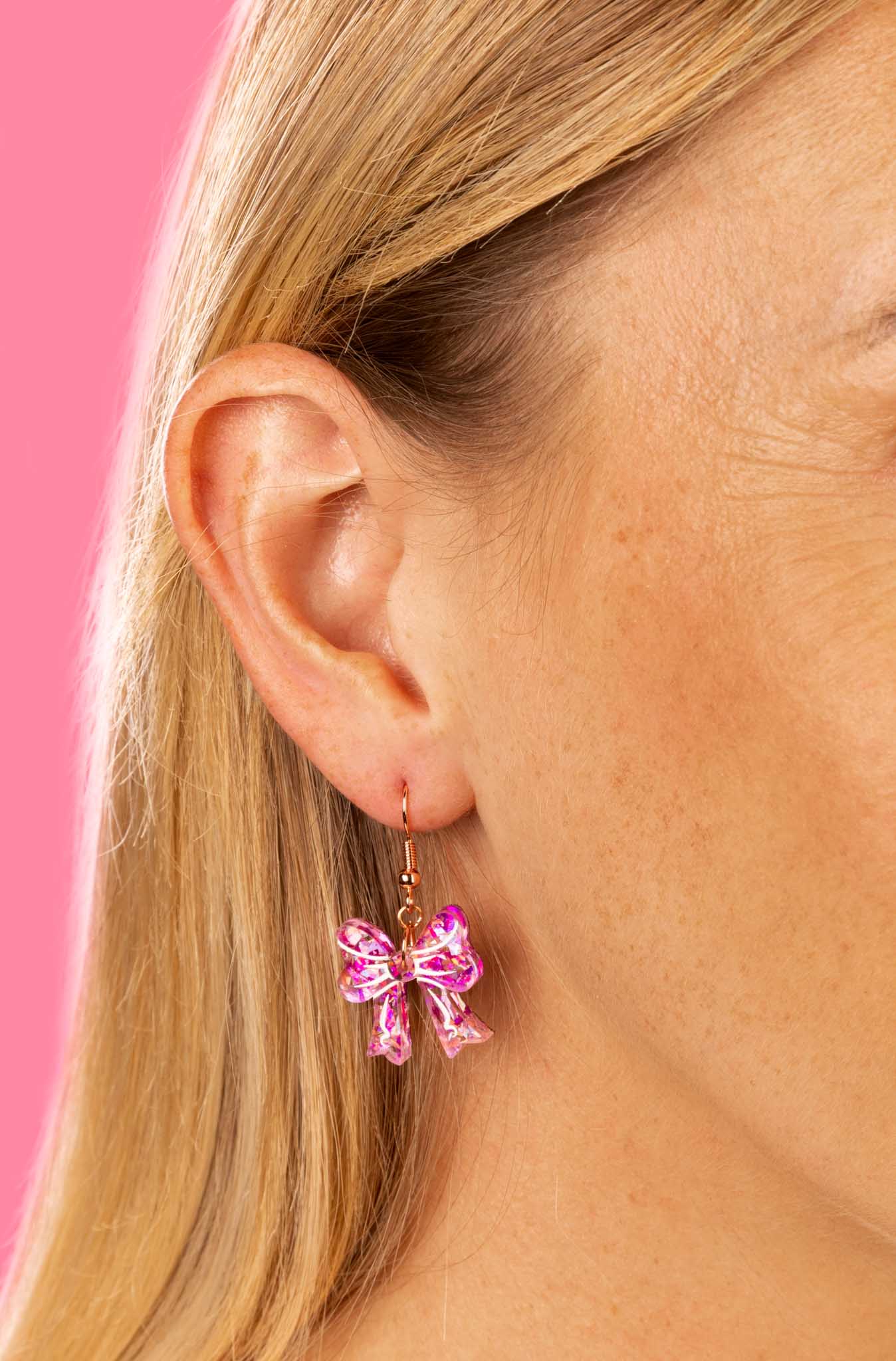 Medium Pink Holographic Confetti Short Bow Dangle Earrings or Necklace – Hypoallergenic Stainless Steel