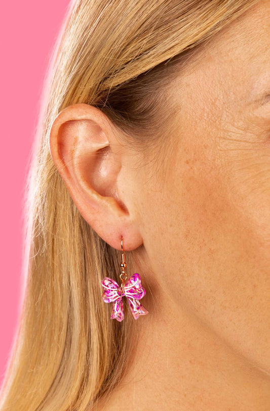 Medium Pink Holographic Confetti Short Bow Dangle Earrings or Necklace – Hypoallergenic Stainless Steel