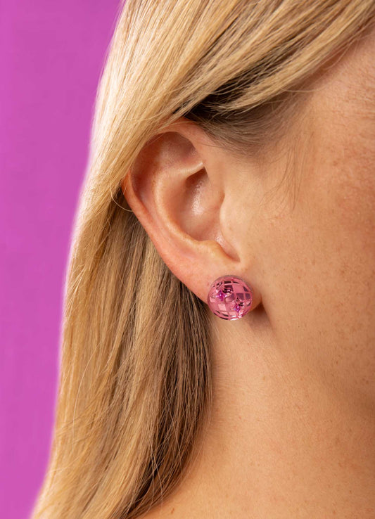 Small Pink Mirror and Holographic Magenta Glitter Acrylic Disco Ball Stud Earrings – Hypoallergenic Stainless Steel