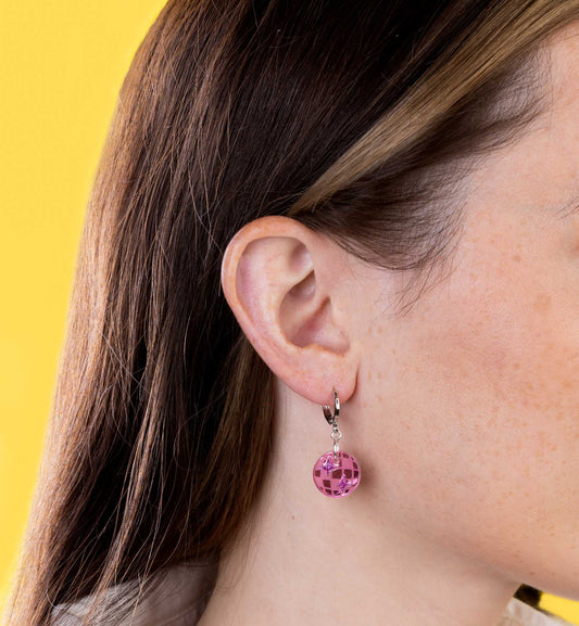 Small Pink Mirror and Holographic Magenta Glitter Acrylic Disco Ball Dangle Earrings or Necklace – Hypoallergenic Stainless Steel